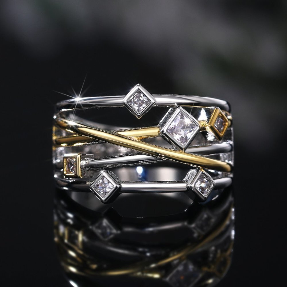 💞Multi Layer Glitter Square Shape Zircon Gold  Stackable Fashion Ring,UNVN12118